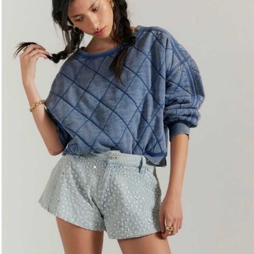Free People Blue Oversized Quilted Sweatshirt
